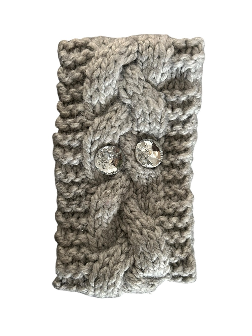 Chunky Cable Knit Headband with Gem Buttons - Light Gray
